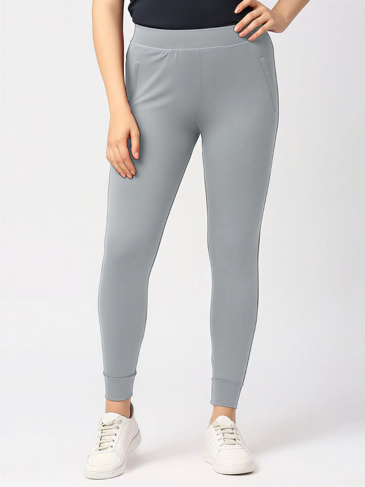 Women Cool Grey Solid Skinny Fit Tights - ZIP TRACK DRYKNIT-CG