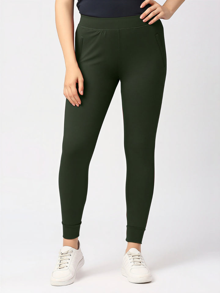 Women Olive Solid Skinny Fit Tights - ZIP TRACK DRYKNIT-OL