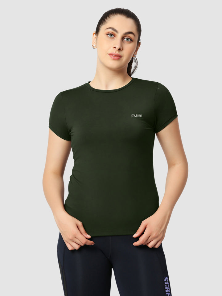 Women Olive Solid Sports T-Shirt - FLY TECH TEE-OL