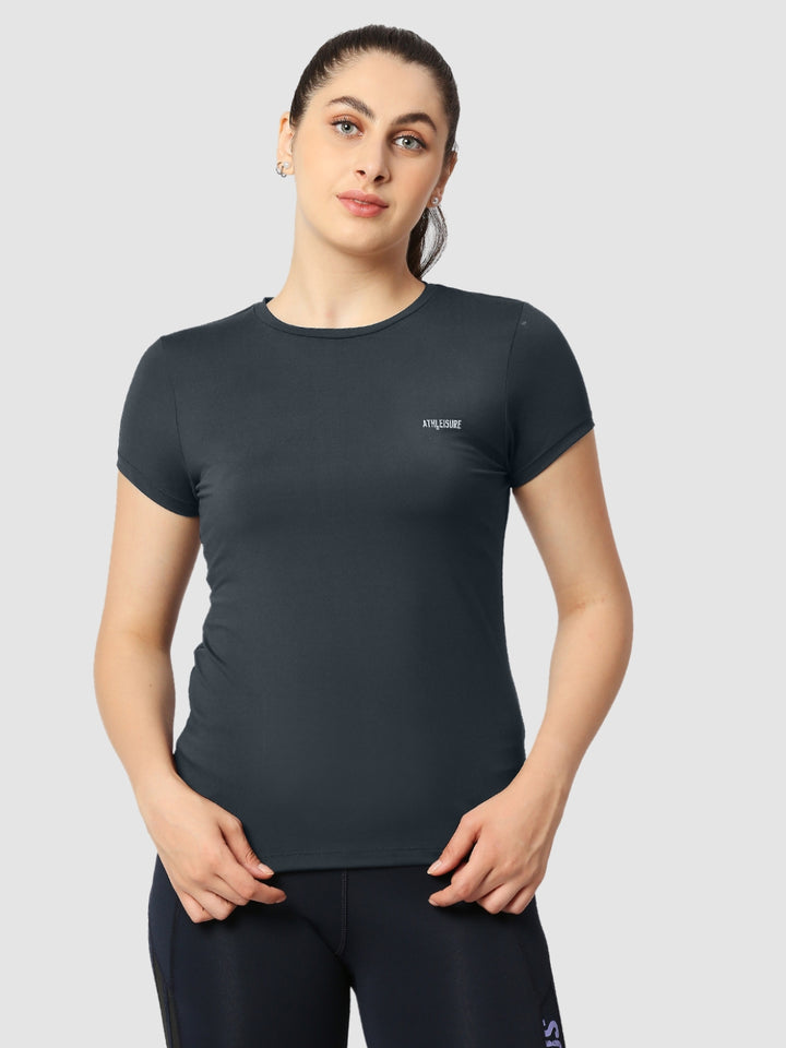 Women Steel Grey Solid Sports T-Shirt - FLY TECH TEE-STG