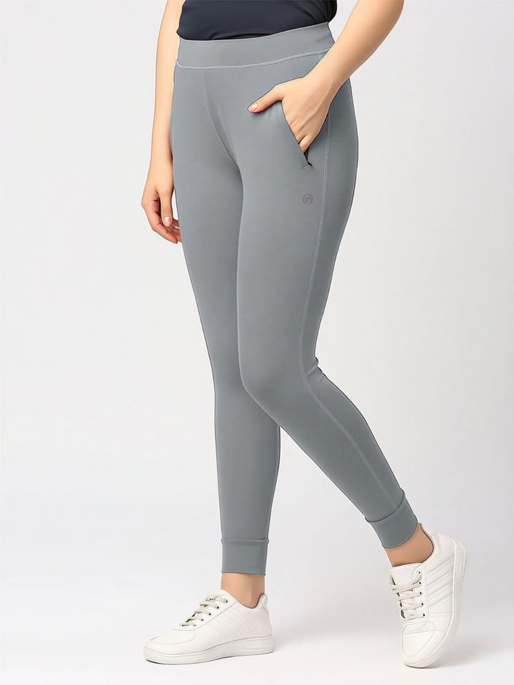 Women Cool Grey Solid Skinny Fit Tights - ZIP TRACK DRYKNIT-CG