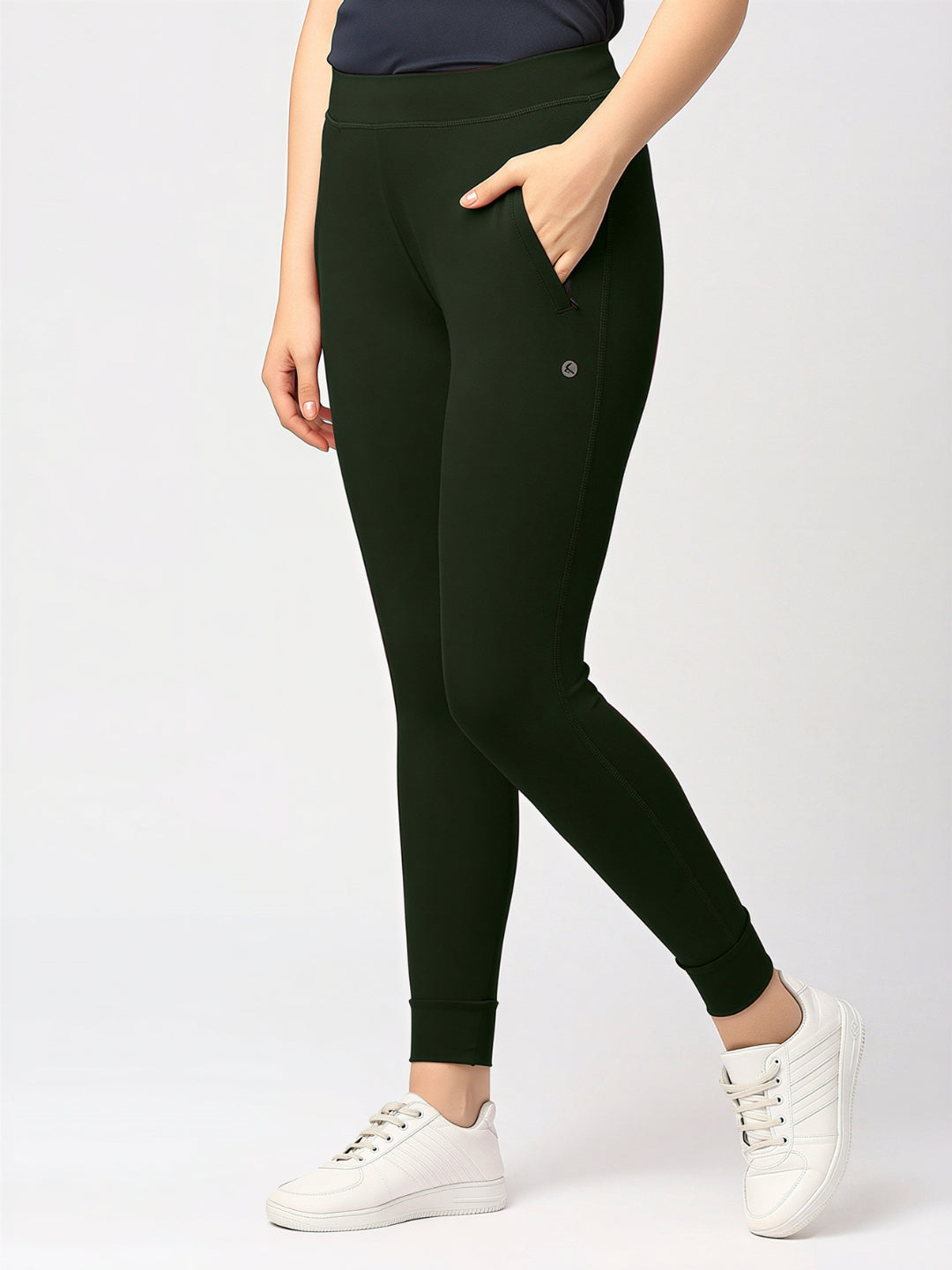 Women Olive Solid Skinny Fit Tights - ZIP TRACK DRYKNIT-OL