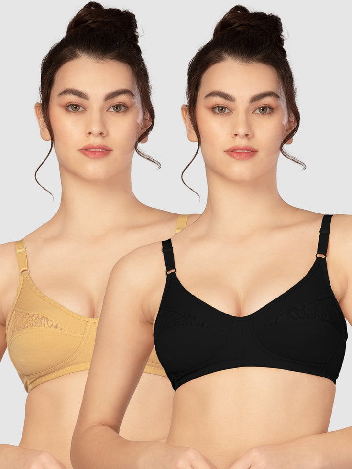 Lovable Non Padded Non Wired Full Coverage Bra - (Pack of 2) L0196-Black/Skin