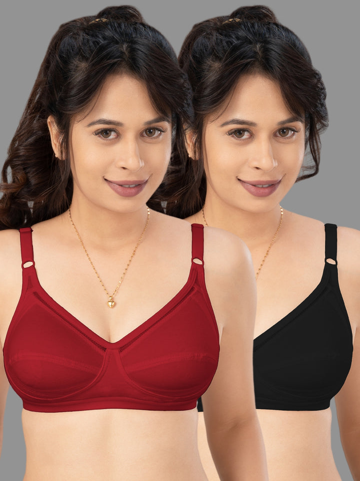 Lovable Multicolor Non Padded Non Wired Full Coverage Bra - (Pack of 2) CES-218-Black/Maroon