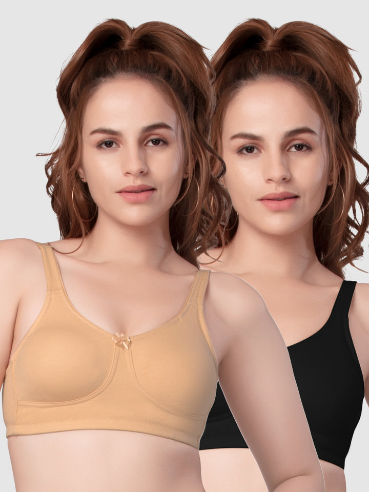 Daisy Dee Black and Skin Non Padded Non-Wired Full Coverage T-Shirt Bra Pack of 2 - NPLSH-Black/Skin