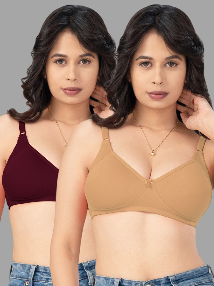 Lovable Multicolor Non Padded Non Wired Full Coverage Bra - (Pack of 2) Contours- D.Maroon/Skin
