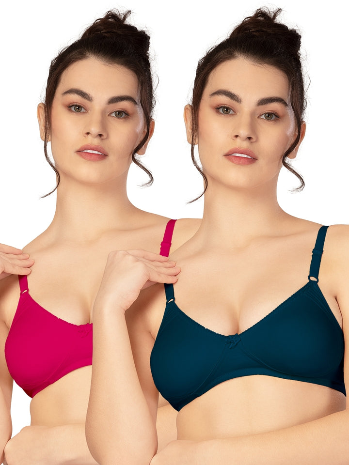 Lovable Multicolor Non Padded Non Wired Full Coverage Bra - (Pack of 2) CLASSIC-E.blue/Coral Red - All Day Long Bra for Wo...