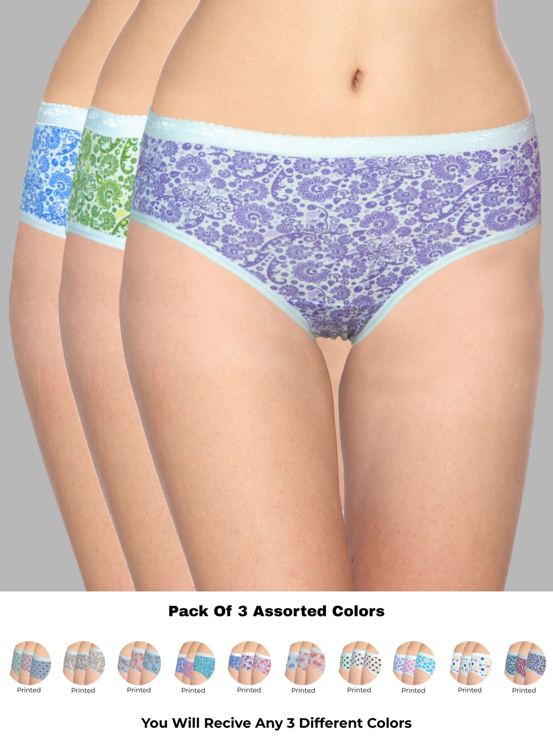 Women Multicolour Printed Assorted Hipster Panty (Pack of 3)- Lotus