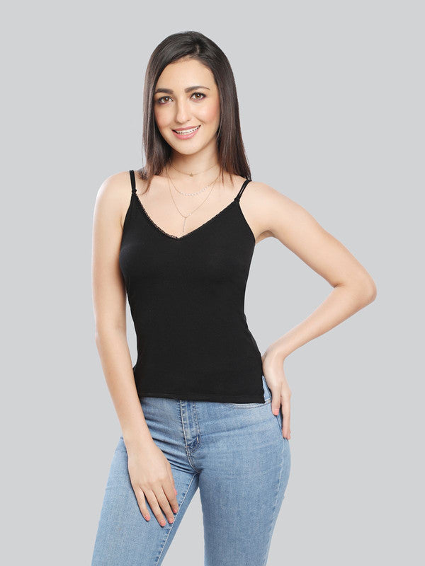 Women Cotton Blend Black Solid Casual Camisole Cam-02-Black