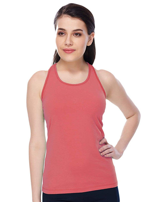 Women Coral Pink Solid Tops & T-Shirts Racer Back Stretch_CP