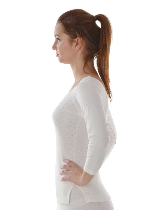 Women White Solid Thermal Top-L/3/4/SLEEVE-WH