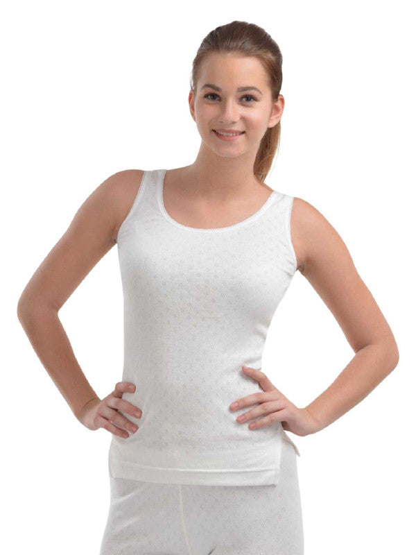 Women White Solid Thermal Top-L/SLEEVELESS-WH