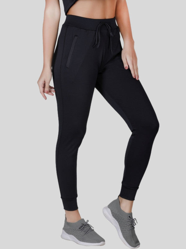 Women Black Solid  Tights  - ZIP TRACK DRYKNIT -BK