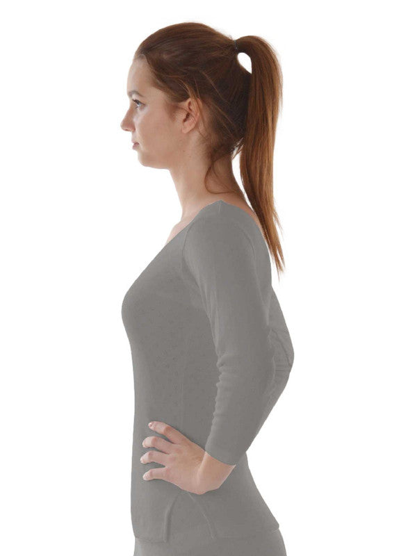 Women Heather Grey Solid Thermal Top-L/3/4/SLEEVE-H.Grey
