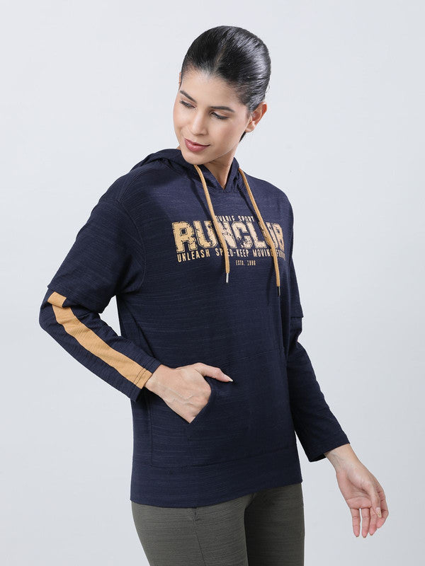 Women Navy Blue Typography Printed Hoodie - UP-HIGH PULLOVER-NY