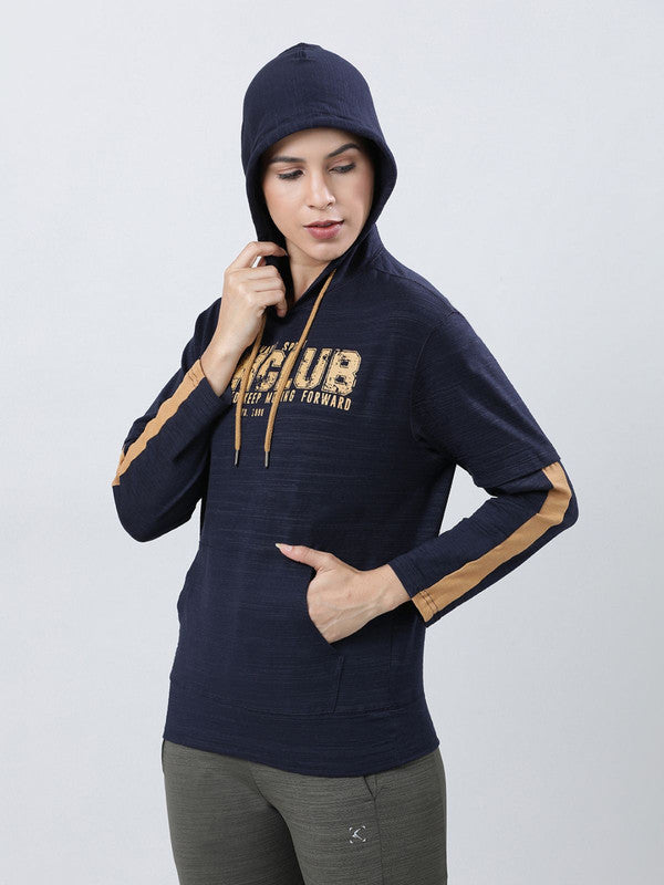 Women Navy Blue Typography Printed Hoodie - UP-HIGH PULLOVER-NY