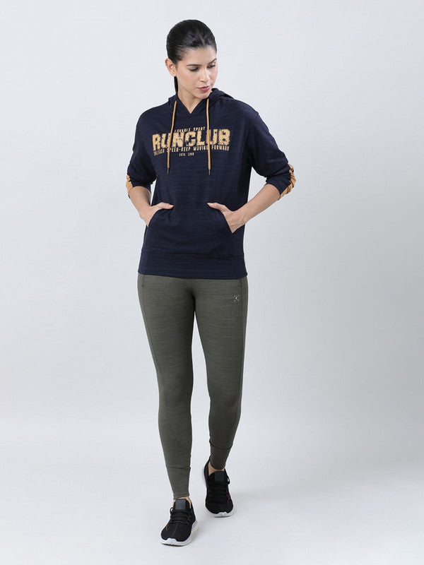 Women Navy Blue Typography Printed Hoodie - UP-HIGH PULLOVER-NY