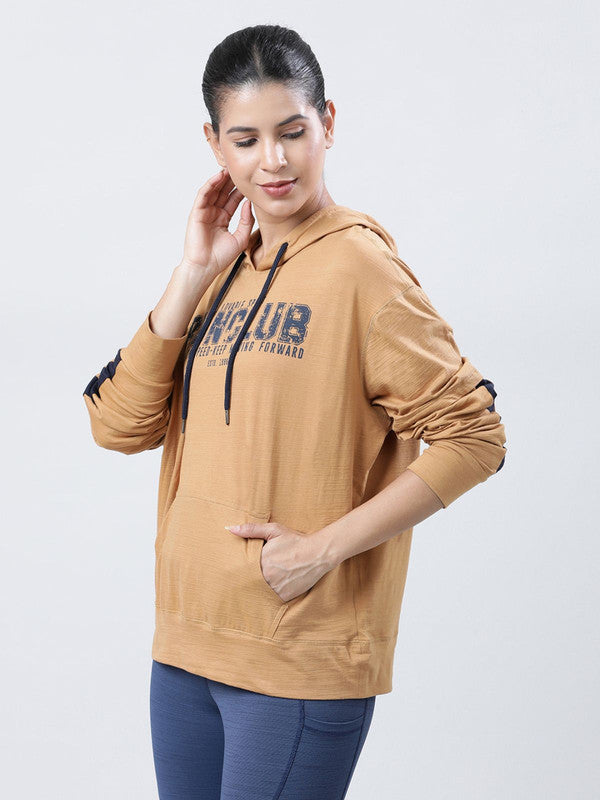 Women Brown Typography Printed Hoodie - UP-HIGH PULLOVER-AV