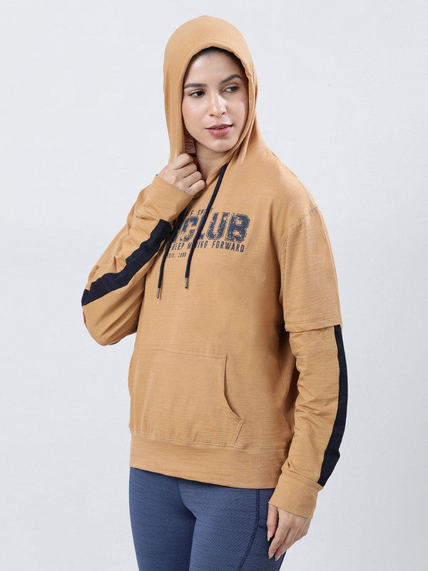 Women Brown Typography Printed Hoodie - UP-HIGH PULLOVER-AV