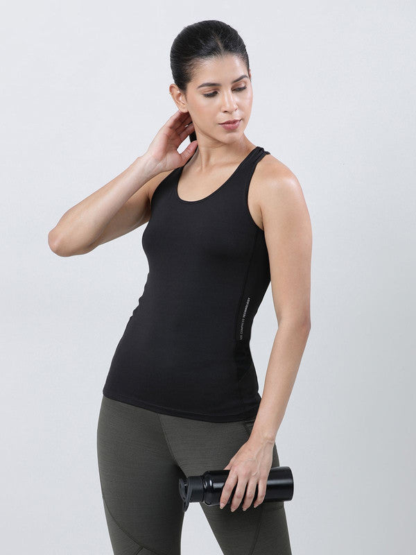 Women Black Solid Racerback Top- FRICTION RACER-BK