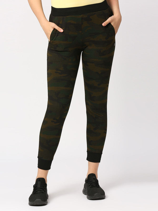 Women Olive Green Camo Printed Track Pants & Joggers - ZIP TRACK-PRINT CAMO-OG