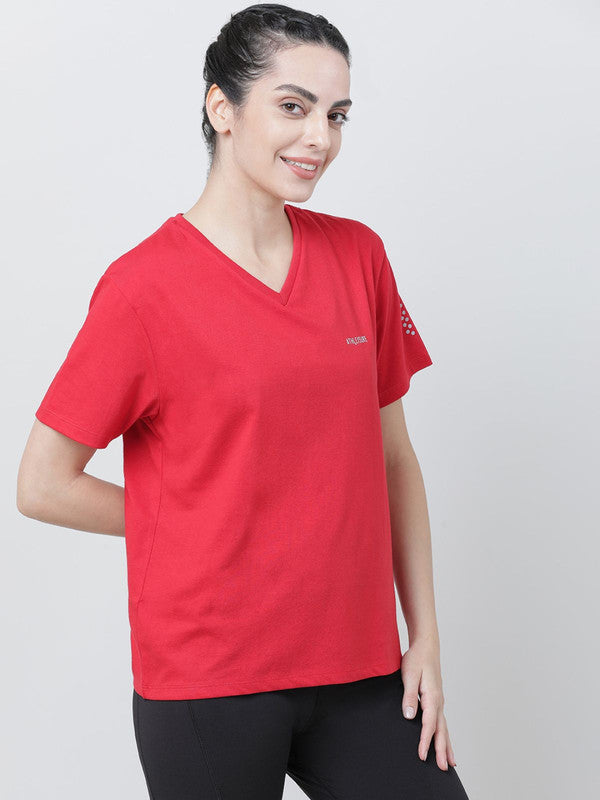 Women Crimson Red Solid Tops & T-shirts- RUSH TEE-V_CR