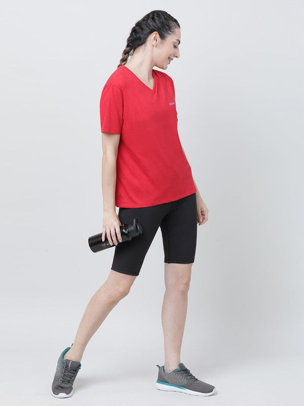 Women Crimson Red Solid Tops & T-shirts- RUSH TEE-V_CR