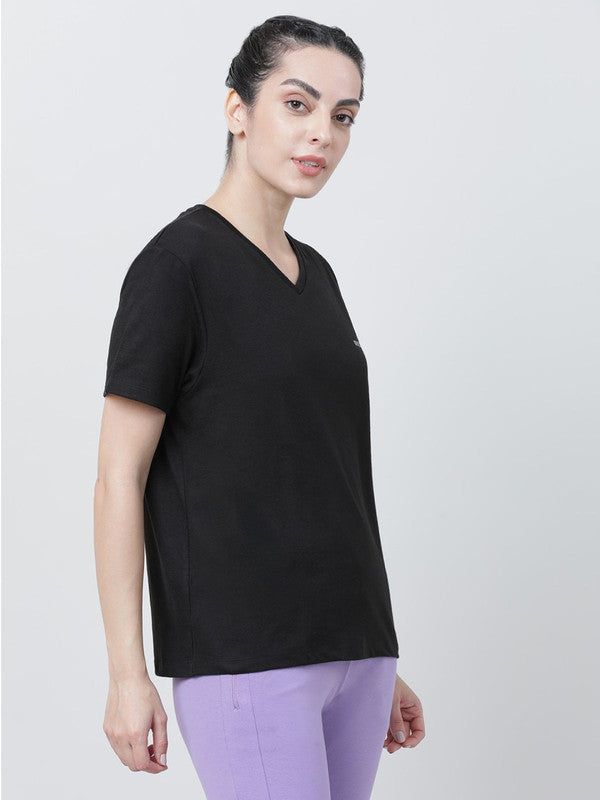 Women Black Solid Tops & T-shirts- RUSH TEE-V_BK