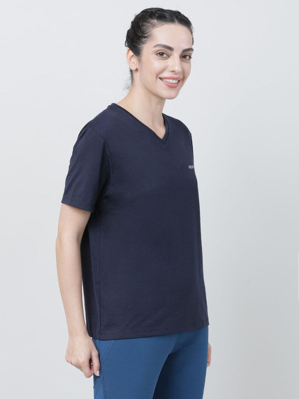 Women Navy Blue Solid Tops & T-shirts- RUSH TEE-V_NB