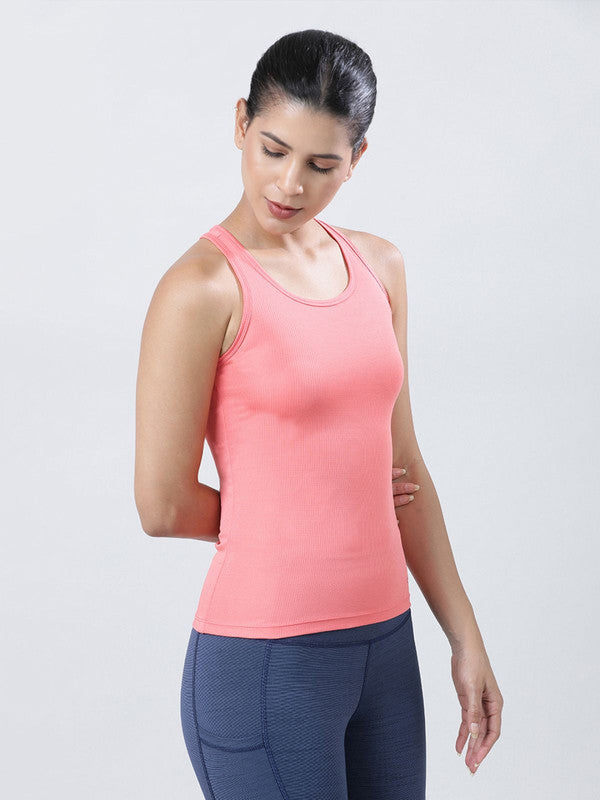 Women Coral Pink Solid Top-RACER BACK MK-CP