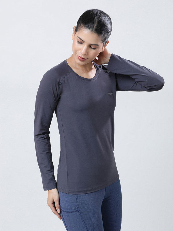 Women Steel grey Solid Tops FLY TECH F/SLEEVE PLAIN