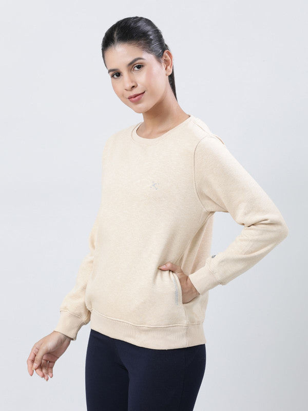 Women Beige Solid Sweatshirts-CROSS CHILL SWEAT SHIRT-Beige