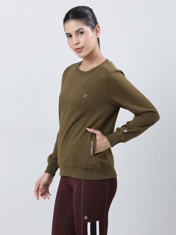 Women Olive Green Solid Sweatshirts-CROSS CHILL SWEAT SHIRT_Olive Green