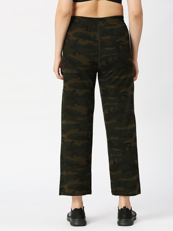 Women Olive Green Camouflage Printed Track Pants & Joggers-FOXY YOGA PANT-CM-OG