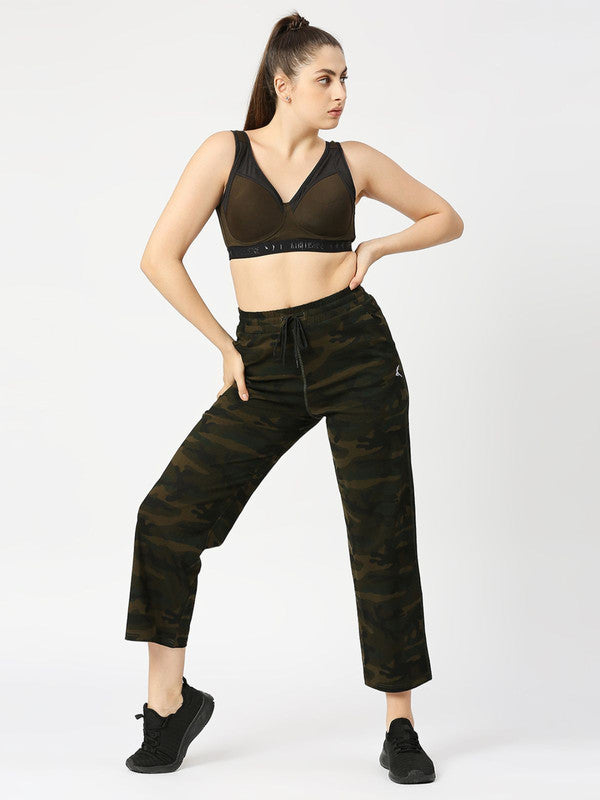 Women Olive Green Camouflage Printed Track Pants & Joggers-FOXY YOGA PANT-CM-OG