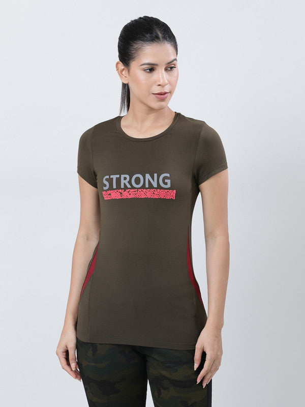 Women Olive Printed Tops & T-Shirts-POWER PLAY_OL