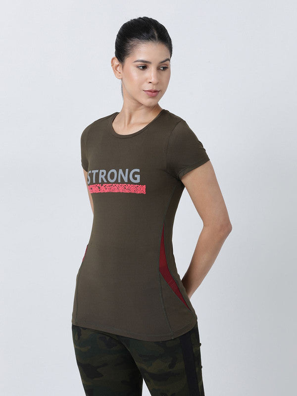Women Olive Printed Tops & T-Shirts-POWER PLAY-OL