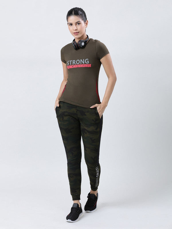 Women Olive Printed Tops & T-Shirts-POWER PLAY-OL