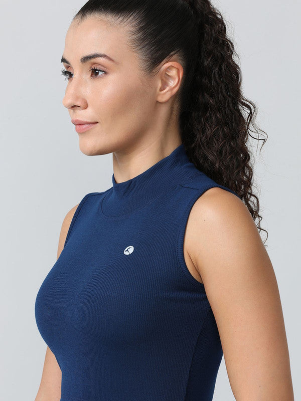 Women Navy Solid High Neck Tank Top - STUNNER TANK -05-NY