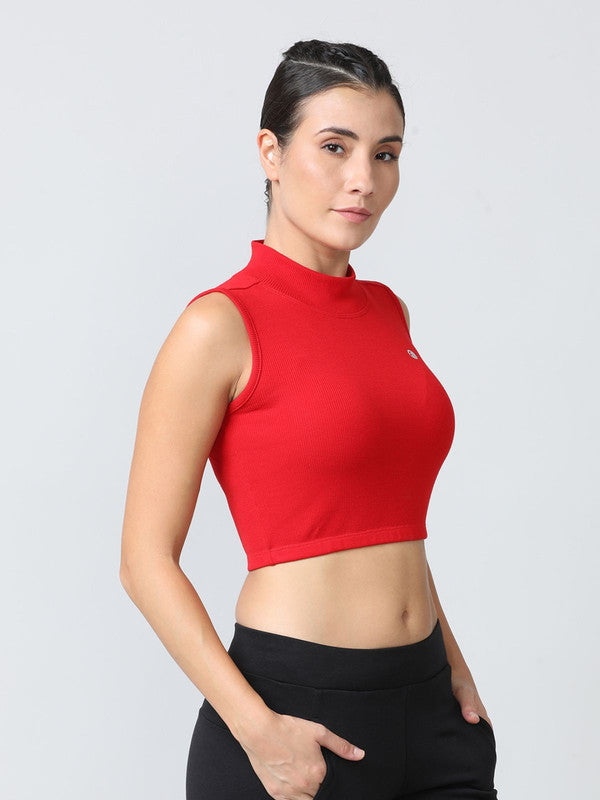 Women Crimson Red Solid High Neck Tank Top | Lovable India
