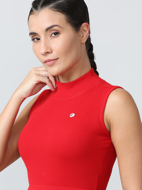 Women Crimson Red Solid High Neck Tank Top | Lovable India