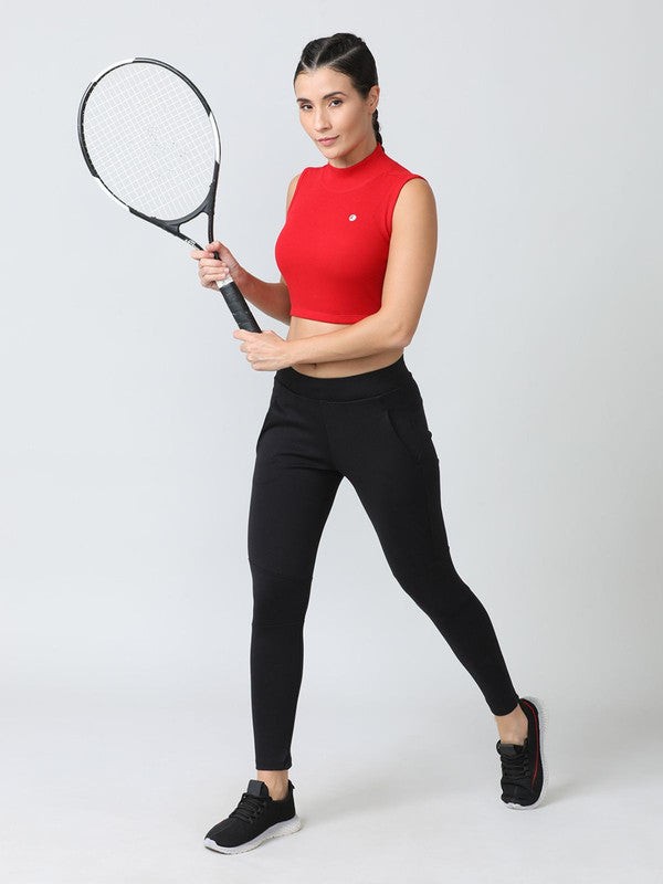 Women Crimson Red Solid High Neck Tank Top | Lovable India