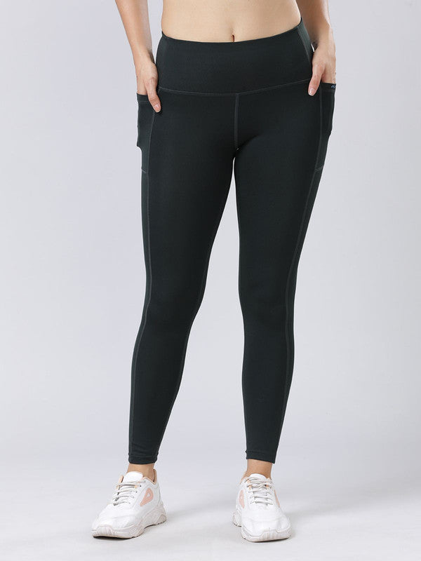 Women Dark Green Solid Tights - Base Runner-BA