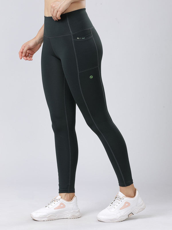 Women Dark Green Solid Tights - Base Runner-BA