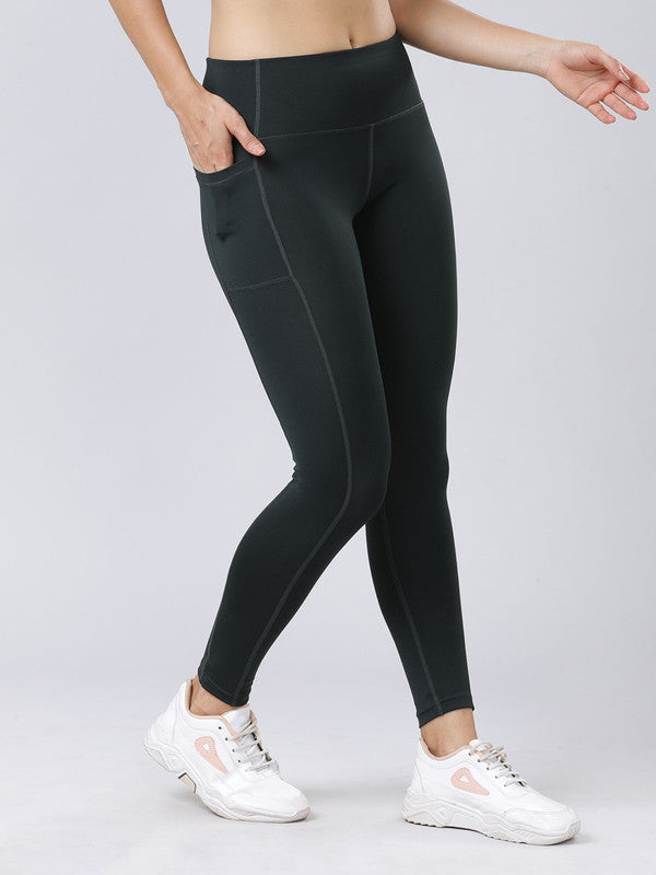 Women Dark Green Solid Tights - Base Runner-BA