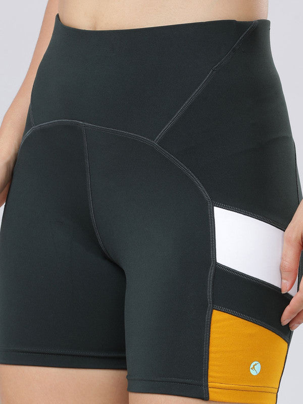 Women Dark green and Mustard Solid Shorts - POINT - Close-up View | Lovable India