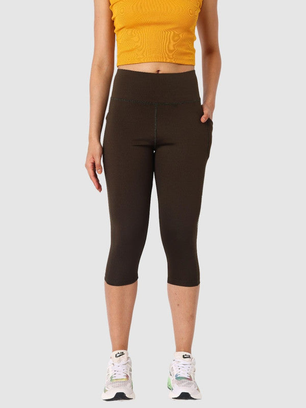 Women Dark Green/Bloom Algal Solid Capri with 1 pocket- RUNOVA CAPRI - BA
