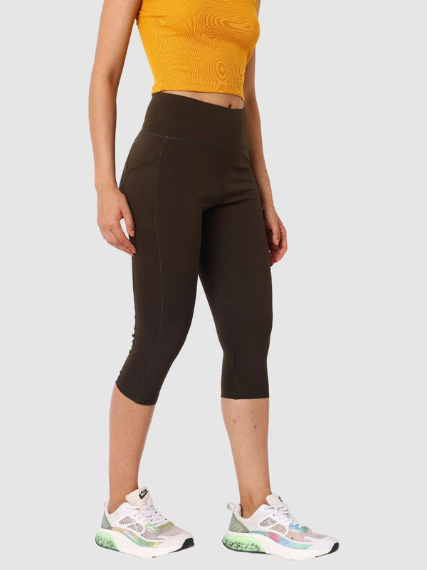 Women Dark Green/Bloom Algal Solid Capri with 1 pocket- RUNOVA CAPRI - BA