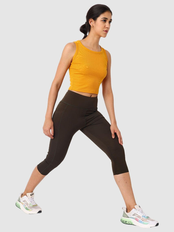 Women Dark Green/Bloom Algal Solid Capri with 1 pocket- RUNOVA CAPRI - BA