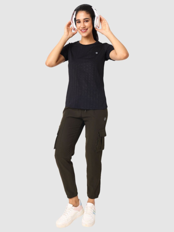 Women Black Self Design Tops & T-Shirts - VENTURA JAQ 01 - BK